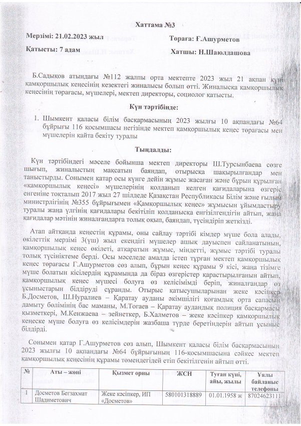 21.02.2023 жыл қамқоршылық кеңесі жиналысы хаттамасы №3